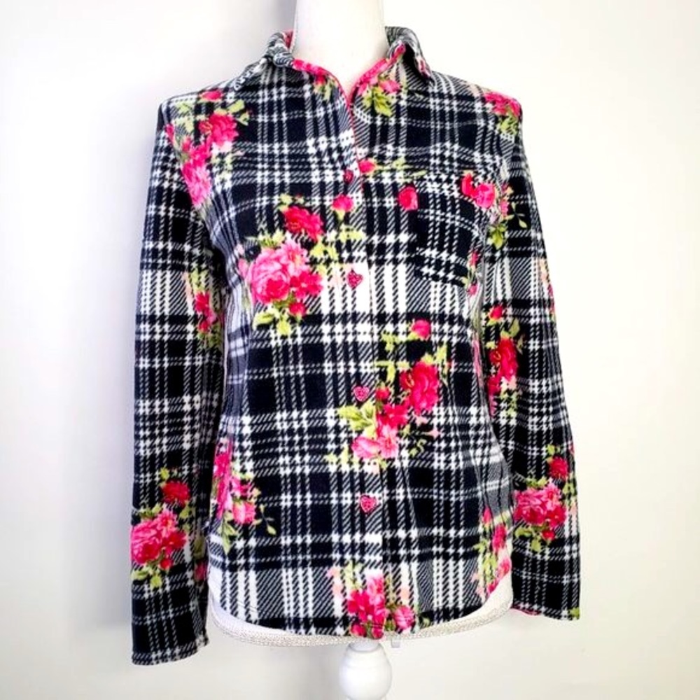 Betsey Johnson Floral Plaid Fleece Pajama Top M